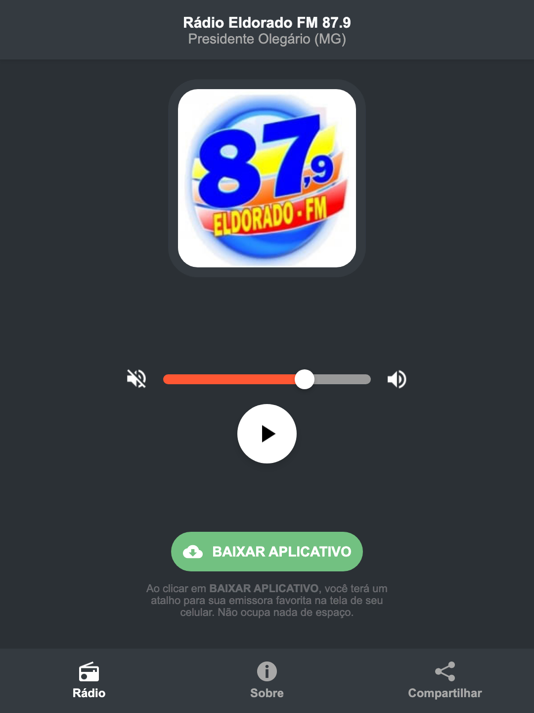 Screenshot do aplicativo da Rádio Eldorado FM 87.9