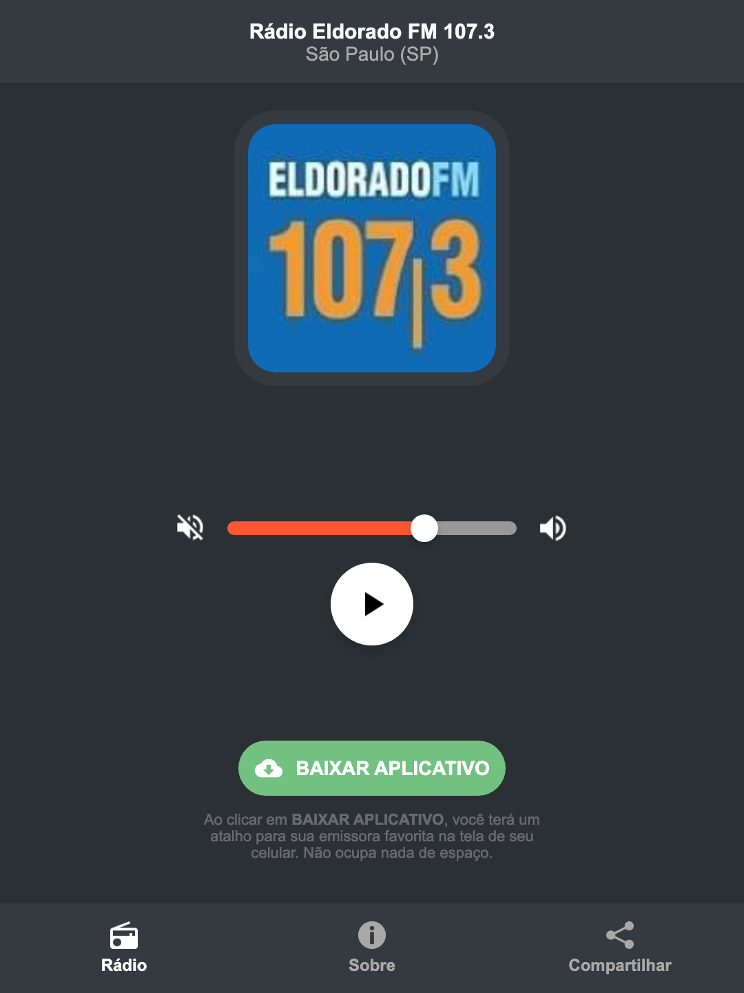 Screenshot do aplicativo da Rádio Eldorado FM 107.3