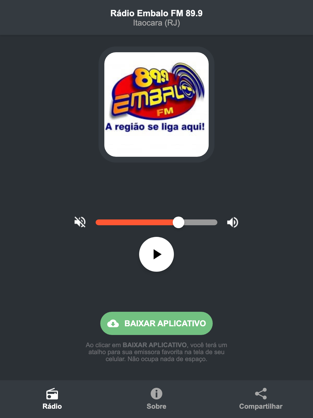 Screenshot do aplicativo da Rádio Embalo FM 89.9