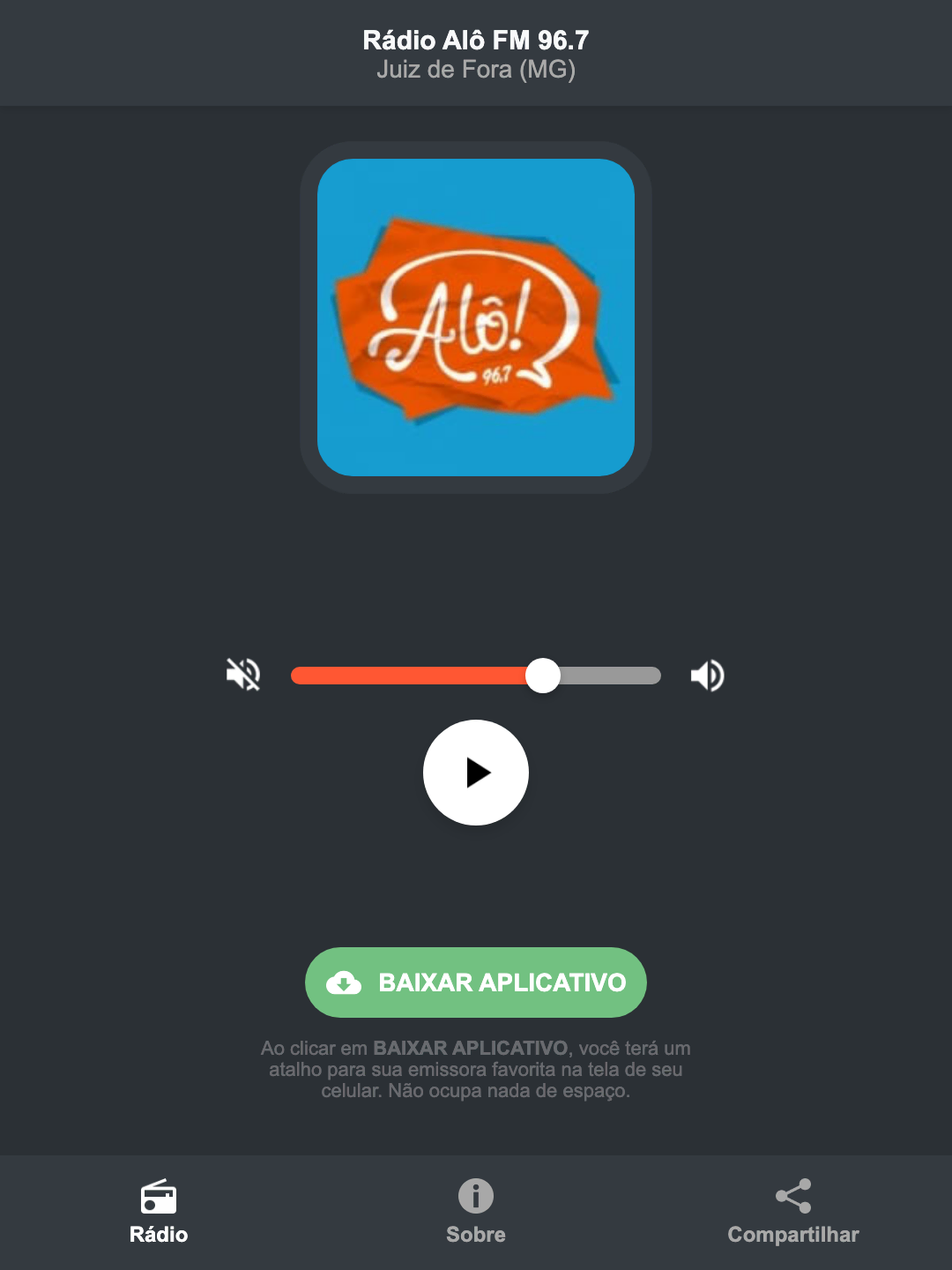 Screenshot do aplicativo da Rádio Alô FM 96.7