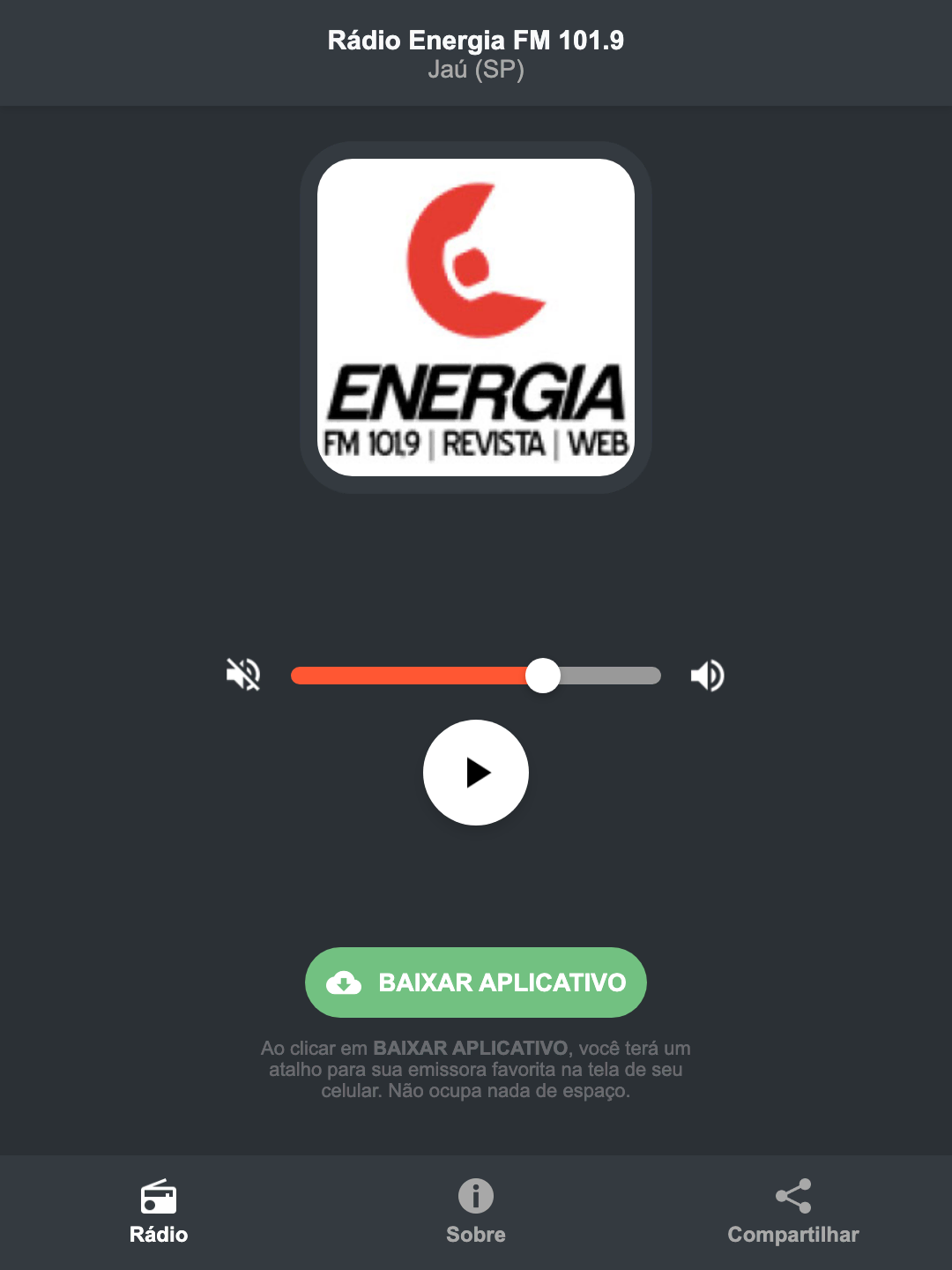 Screenshot do aplicativo da Rádio Energia FM 101.9