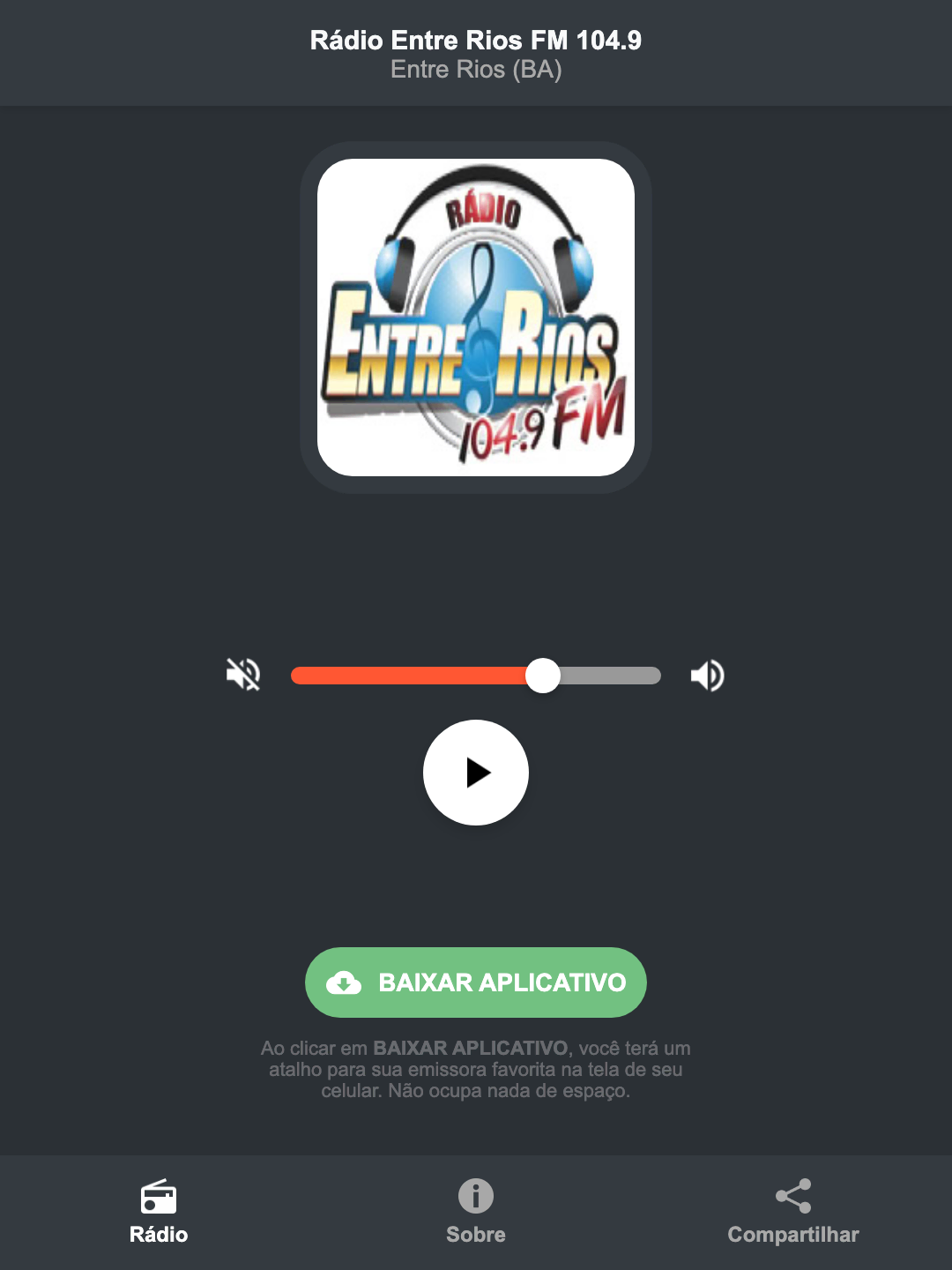Screenshot do aplicativo da Rádio Entre Rios FM 104.9