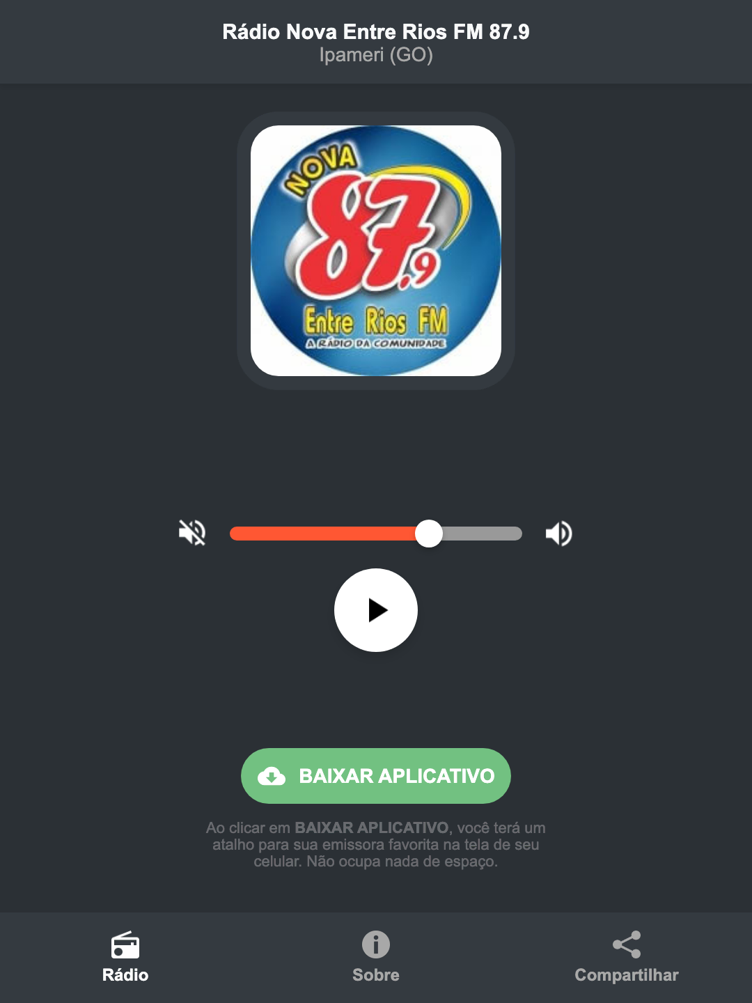 Screenshot do aplicativo da Rádio Nova Entre Rios FM 87.9