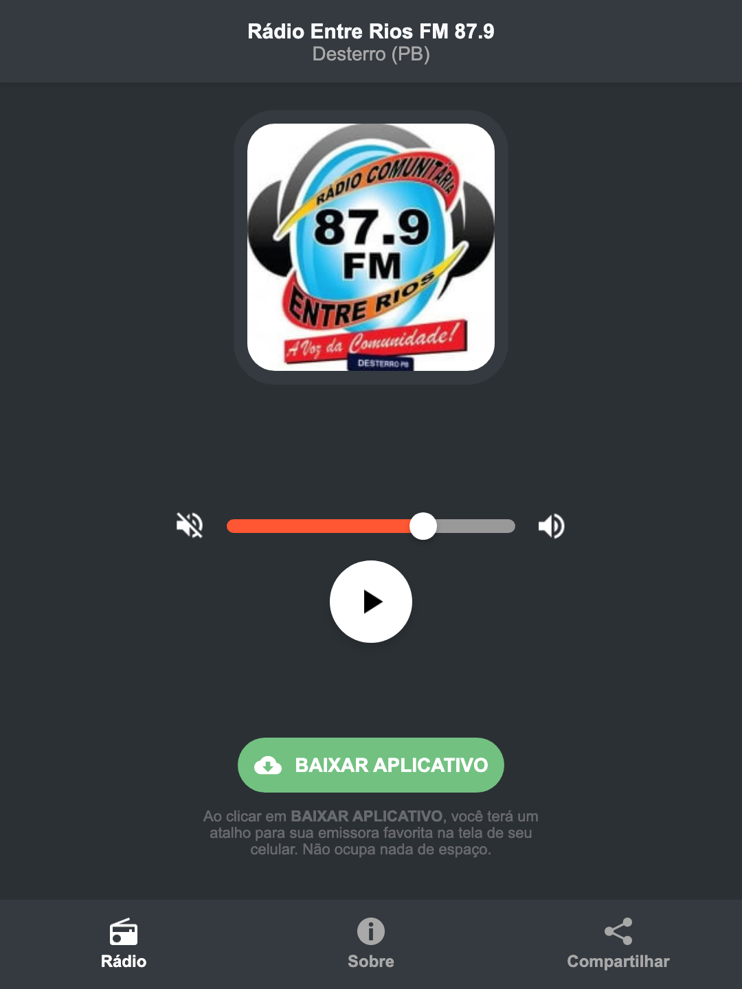 Screenshot do aplicativo da Rádio Entre Rios FM 87.9