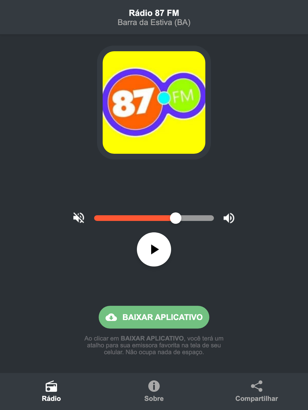 Screenshot do aplicativo da Rádio 87 FM