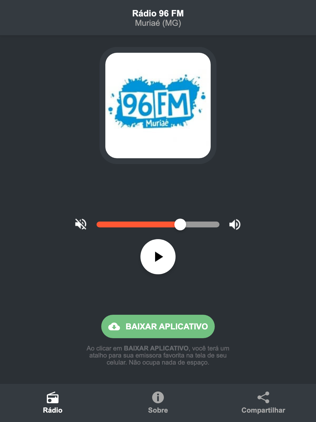 Screenshot do aplicativo da Rádio 96 FM