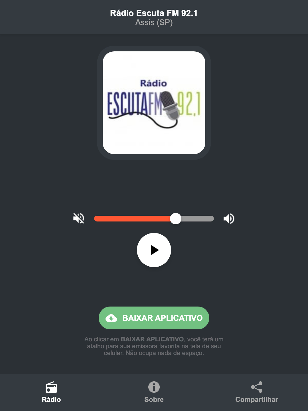 Screenshot do aplicativo da Rádio Escuta FM 92.1
