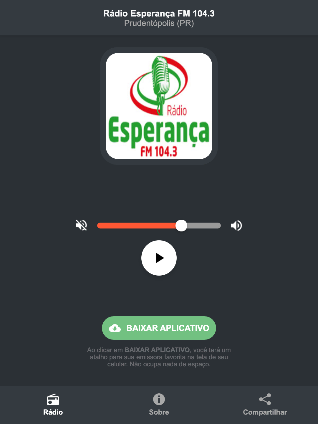 Screenshot do aplicativo da Rádio Esperança FM 104.3