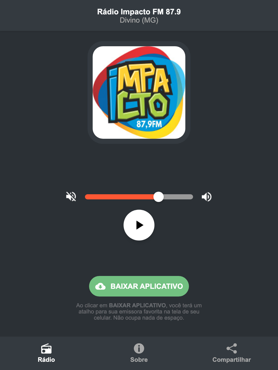Screenshot do aplicativo da Rádio Impacto FM 87.9
