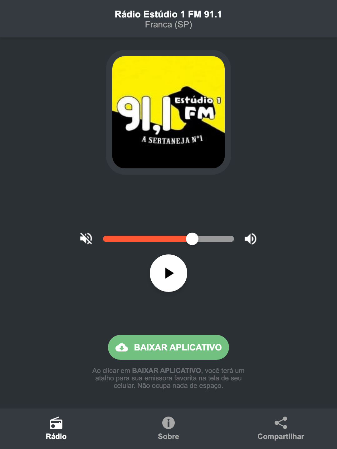 Screenshot do aplicativo da Rádio Estúdio 1 FM 91.1