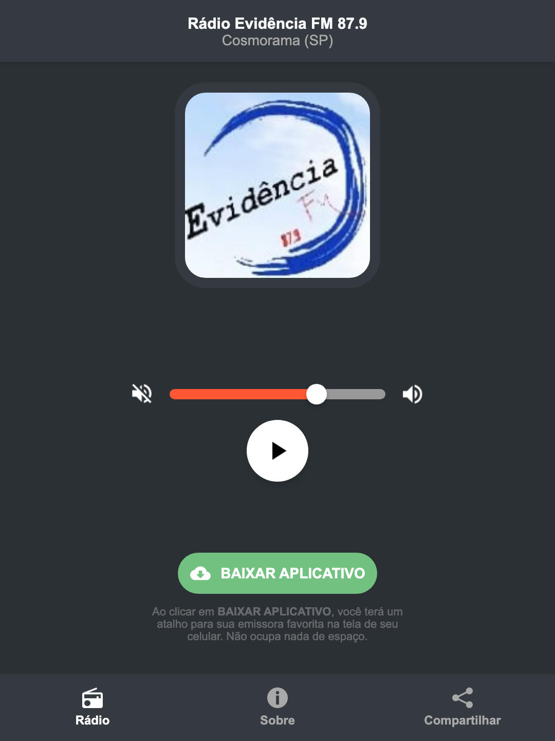 Screenshot do aplicativo da Rádio Evidência FM 87.9