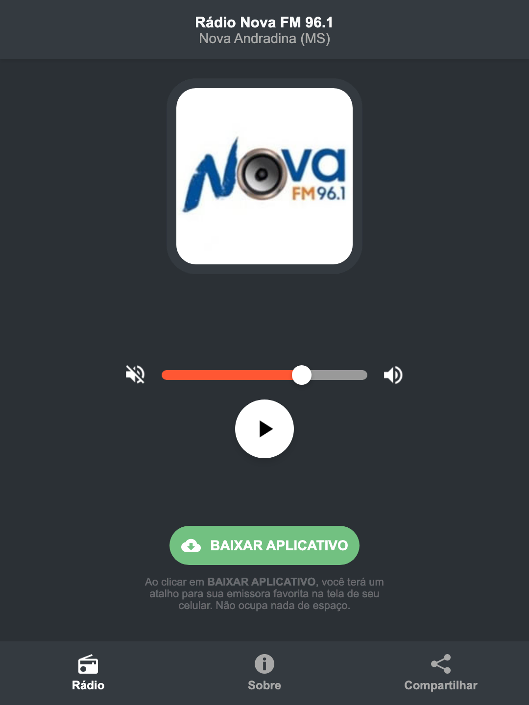 Screenshot do aplicativo da Rádio Nova FM 96.1