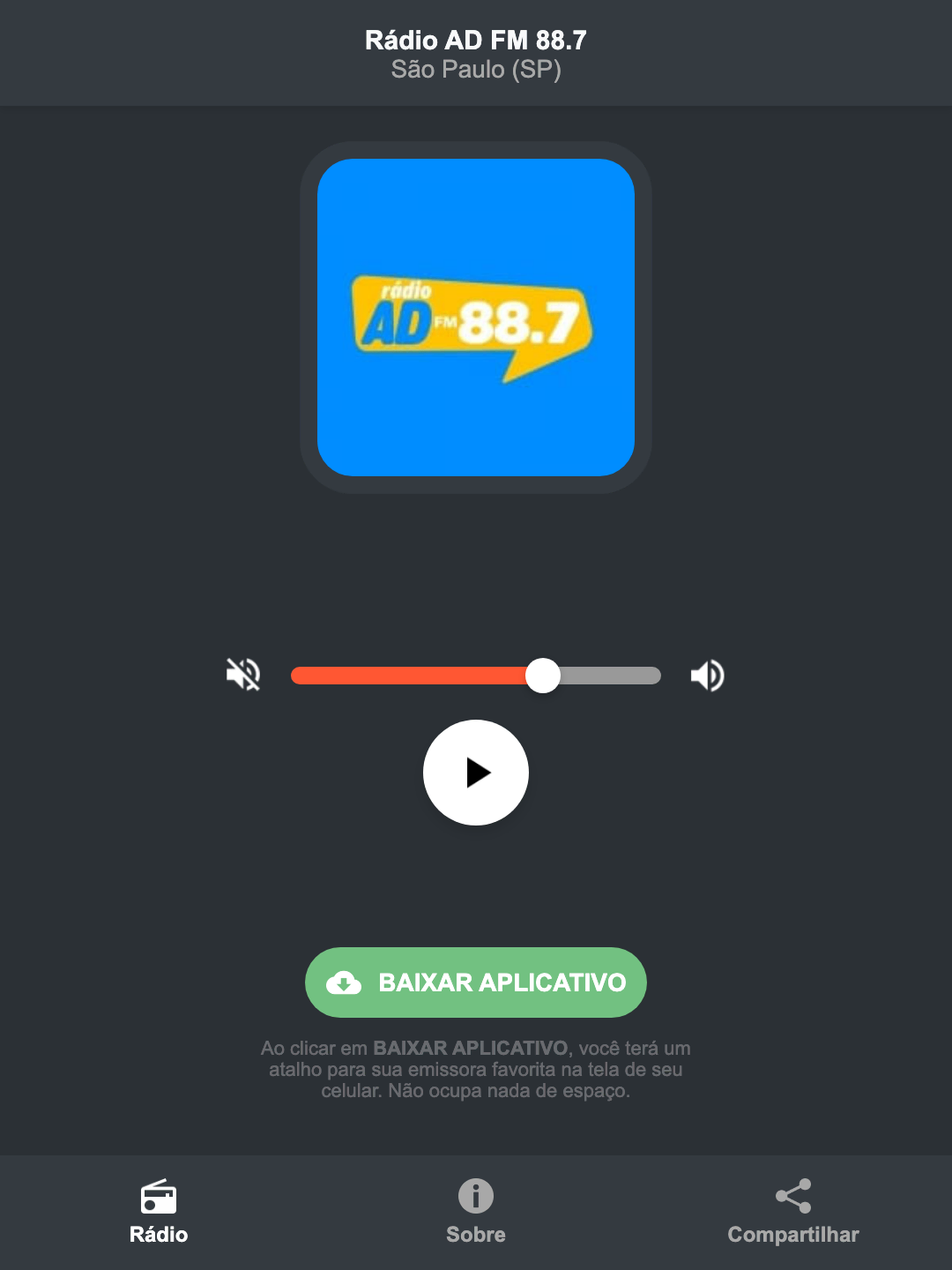 Screenshot do aplicativo da Rádio AD FM 88.7
