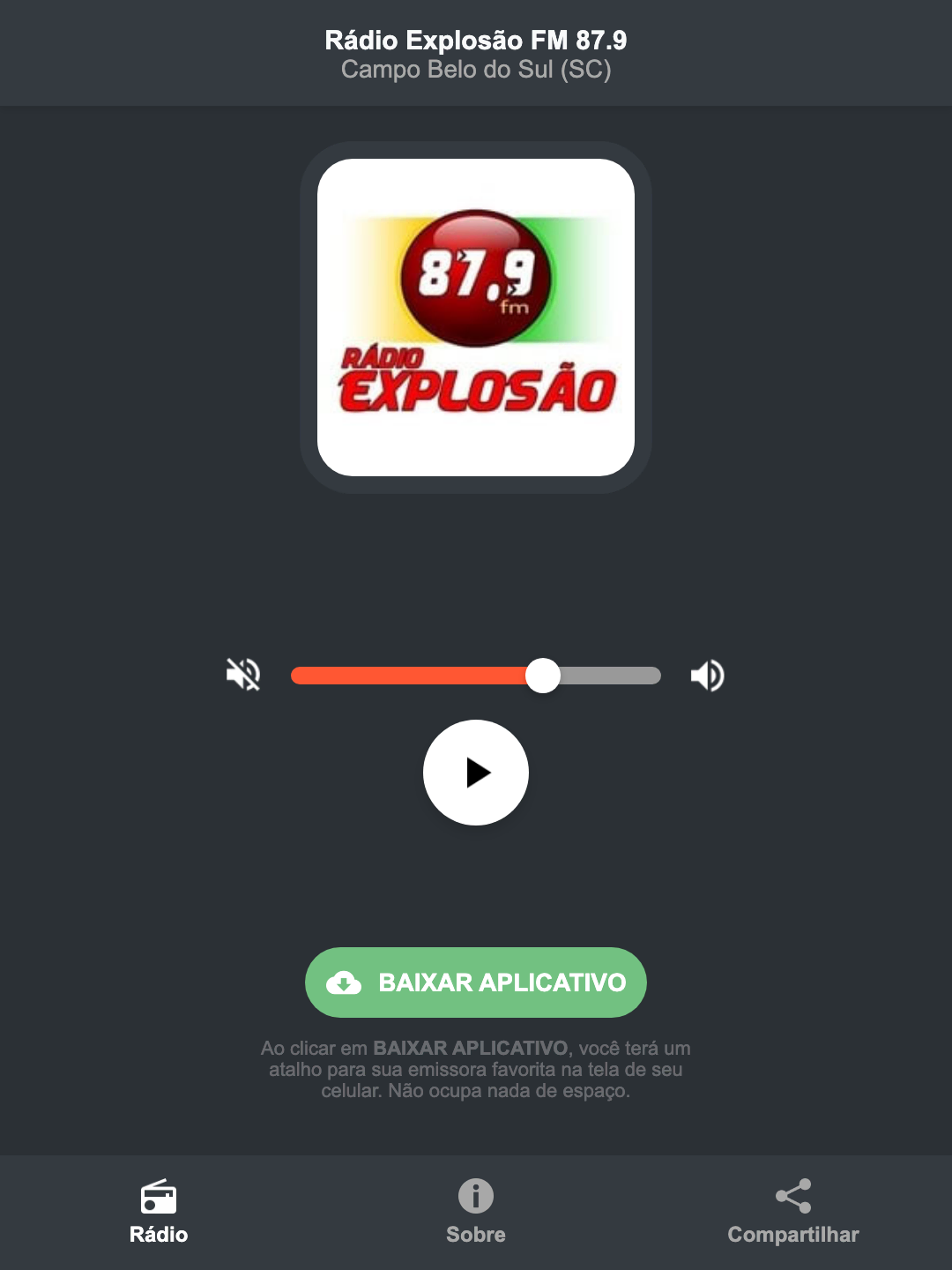 Screenshot do aplicativo da Rádio Explosão FM 87.9