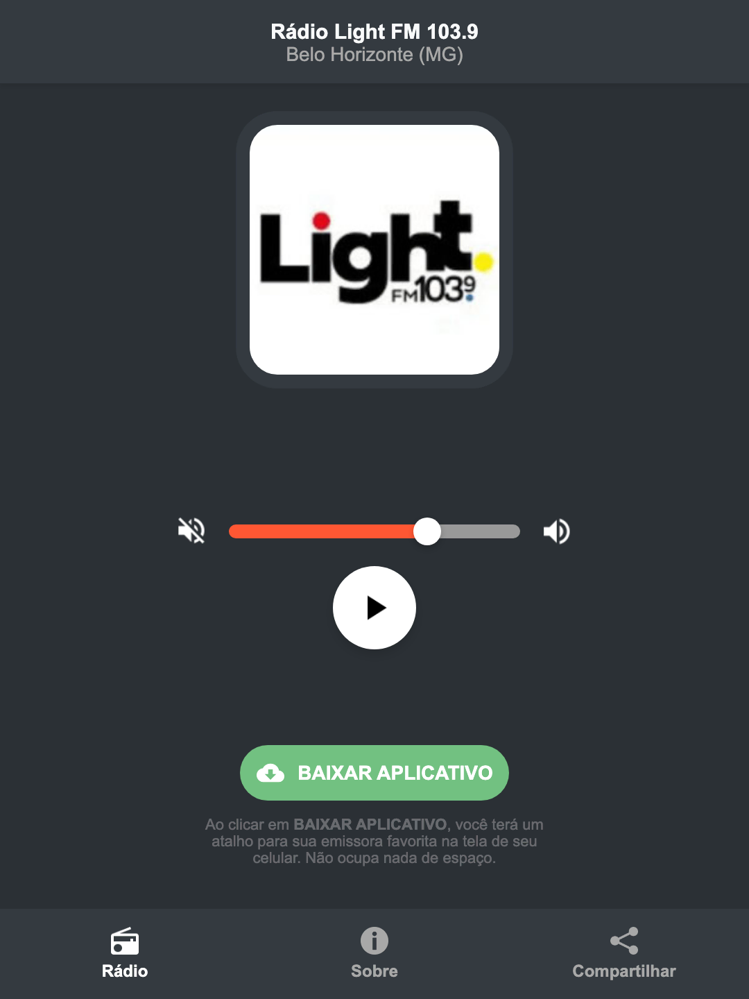Screenshot do aplicativo da Rádio Light FM 103.9