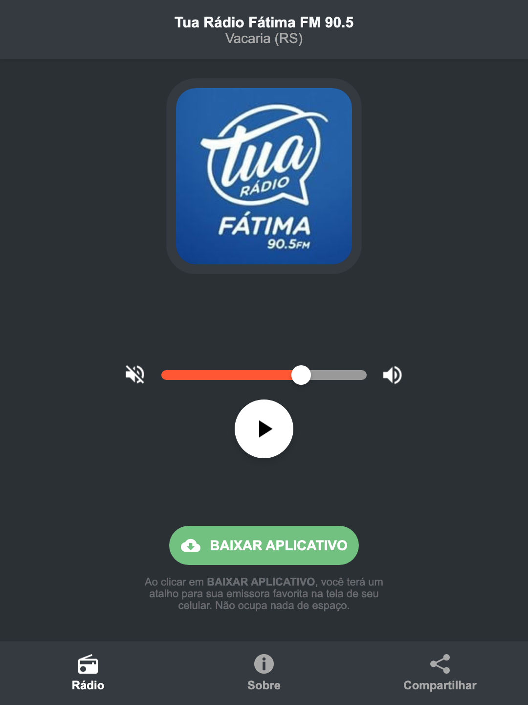 Screenshot do aplicativo da Tua Rádio Fátima FM 90.5