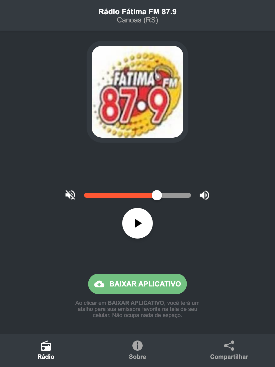 Screenshot do aplicativo da Rádio Fátima FM 87.9