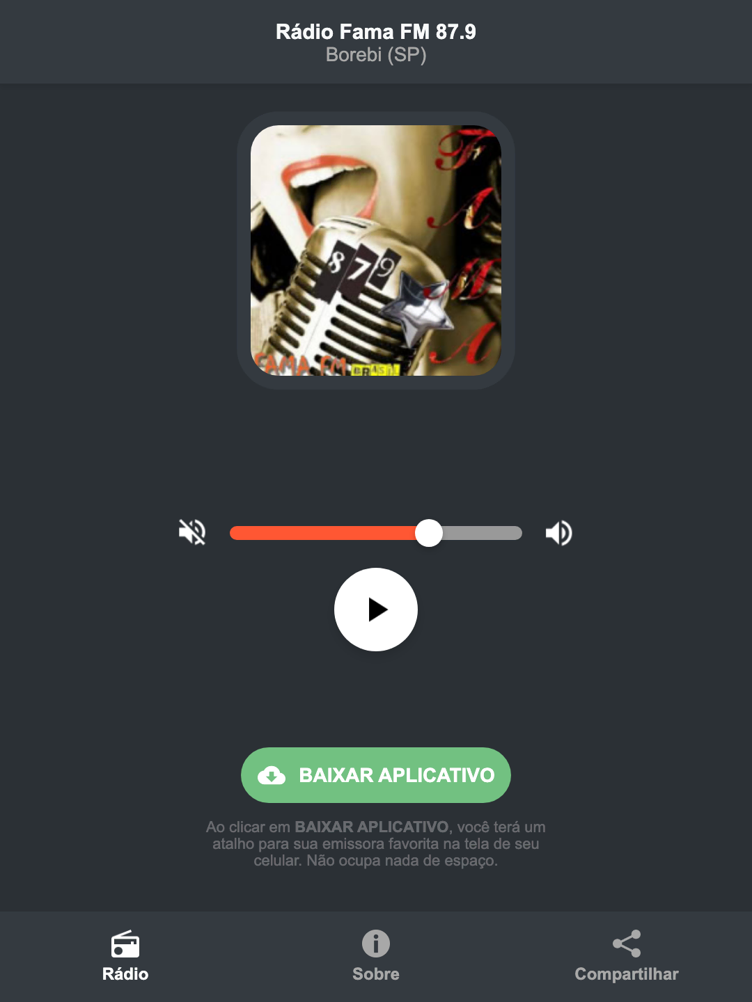 Screenshot do aplicativo da Rádio Fama FM 87.9