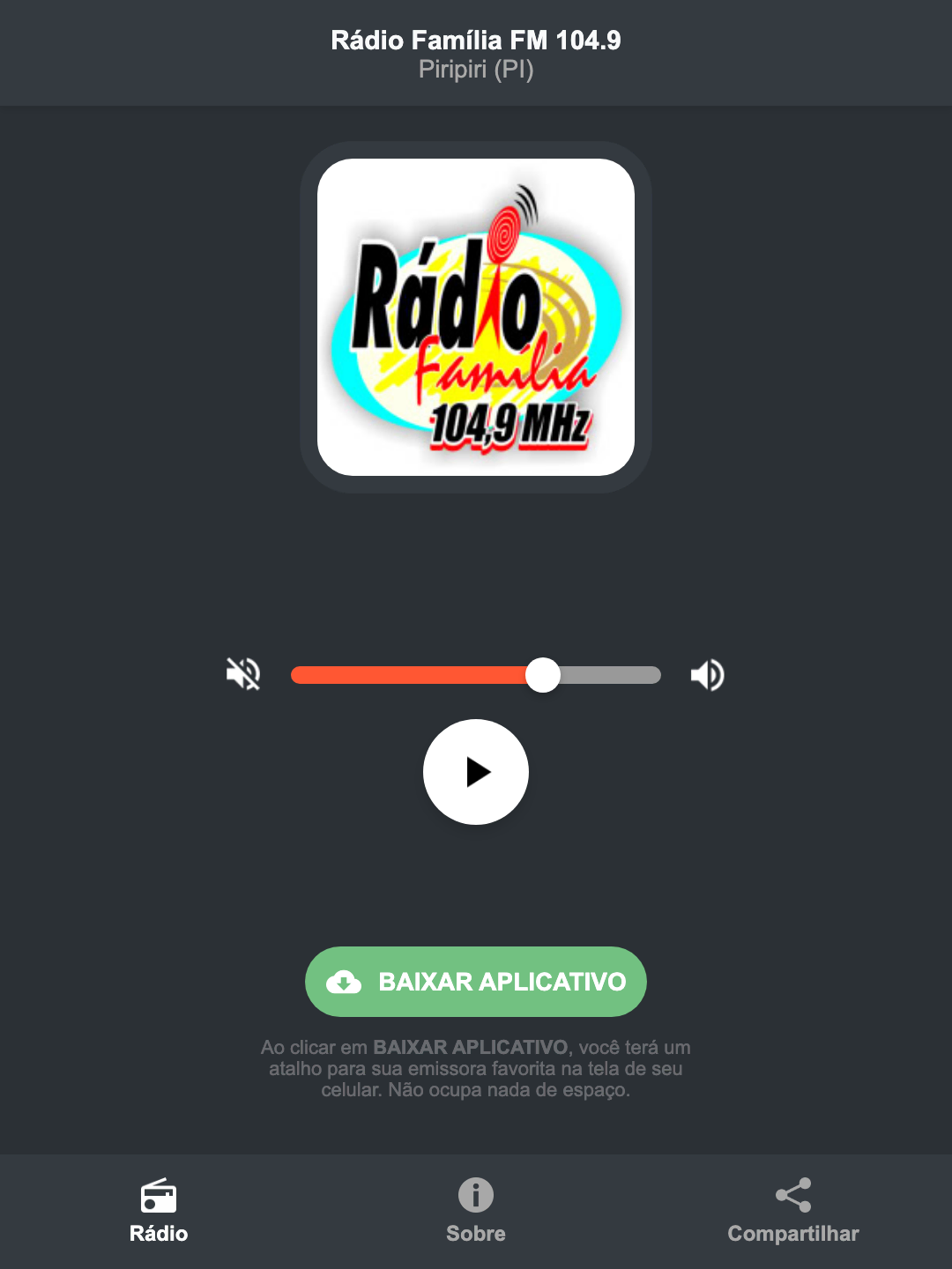 Screenshot do aplicativo da Rádio Família FM 104.9