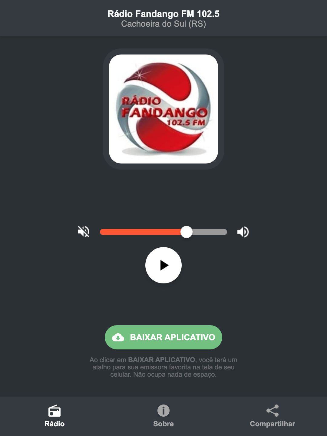 Screenshot do aplicativo da Rádio Fandango FM 102.5