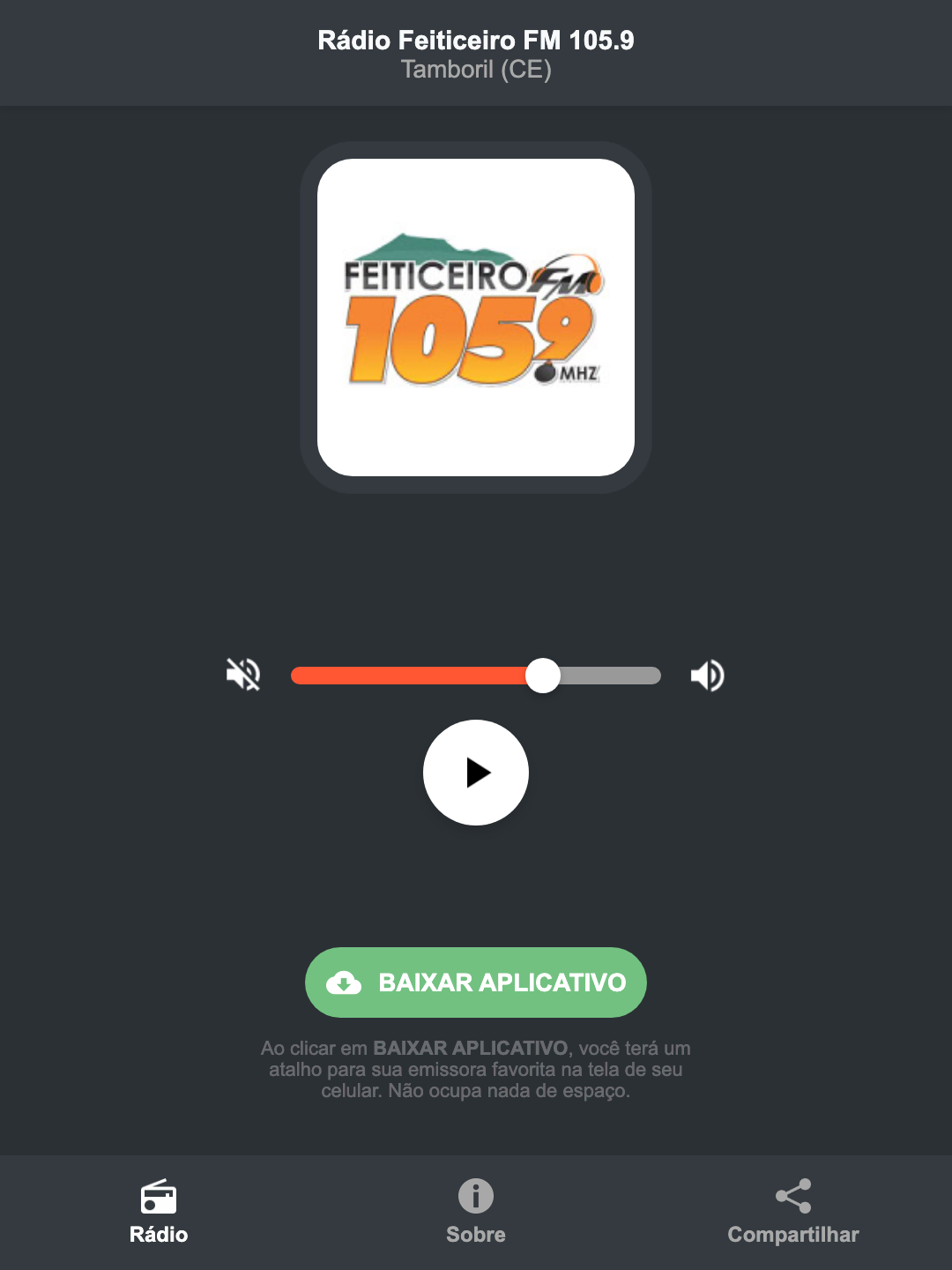 Screenshot do aplicativo da Rádio Feiticeiro FM 105.9