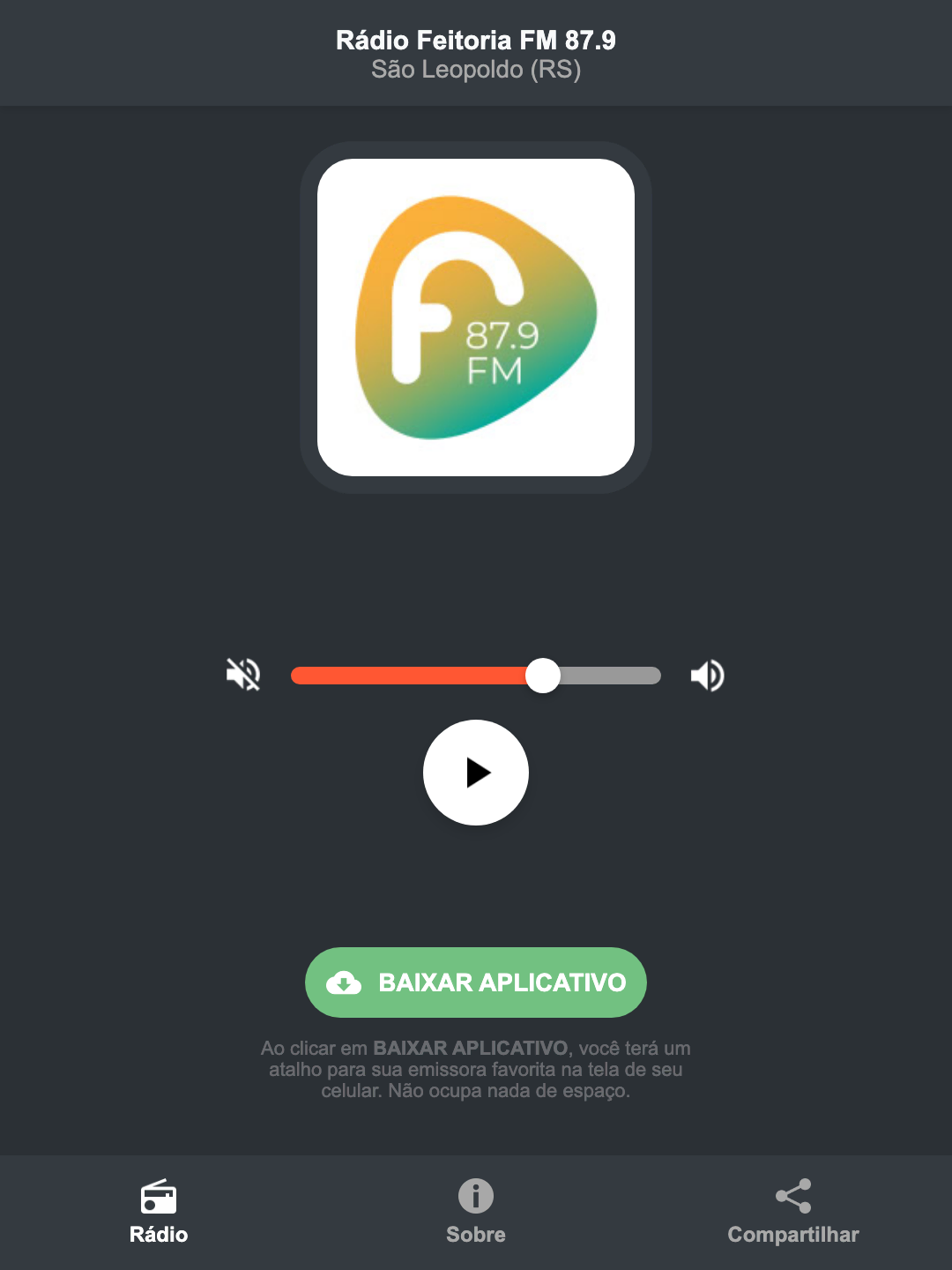 Screenshot do aplicativo da Rádio Feitoria FM 87.9
