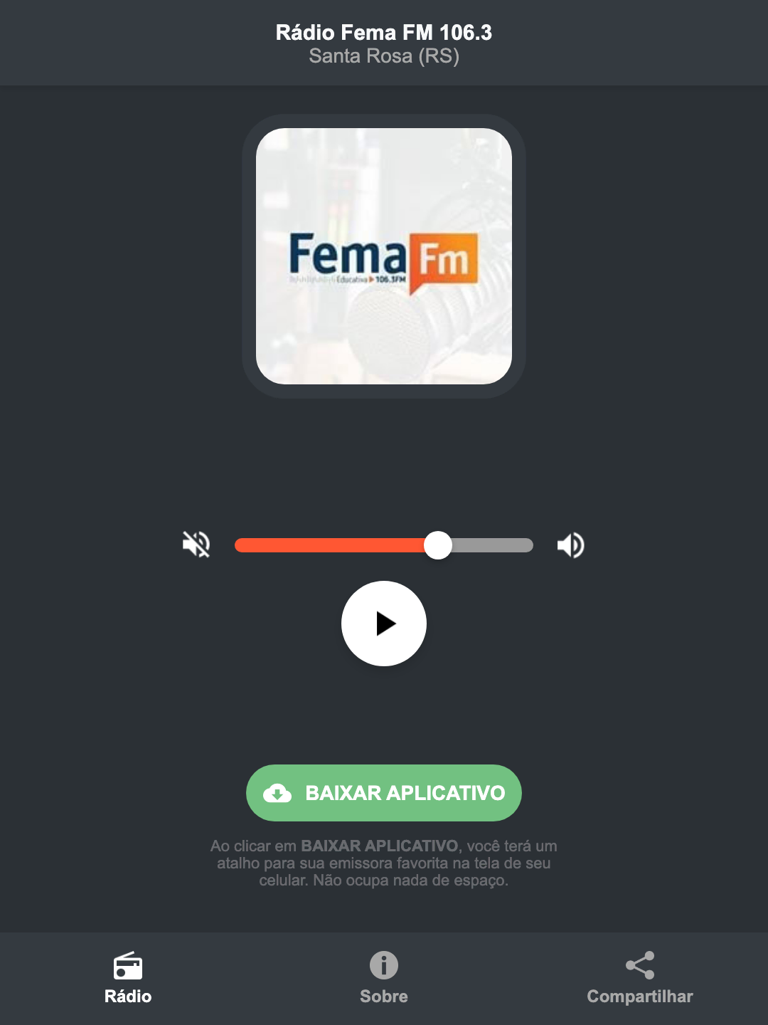 Screenshot do aplicativo da Rádio Fema FM 106.3