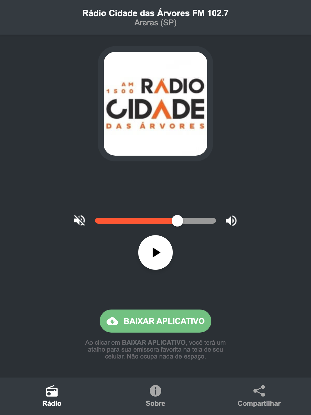 Screenshot do aplicativo da Rádio Cidade das Árvores FM 102.7
