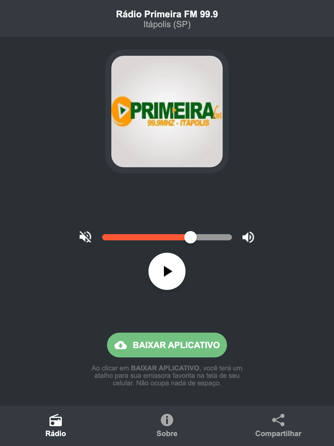 Screenshot do aplicativo da Rádio Primeira FM 99.9