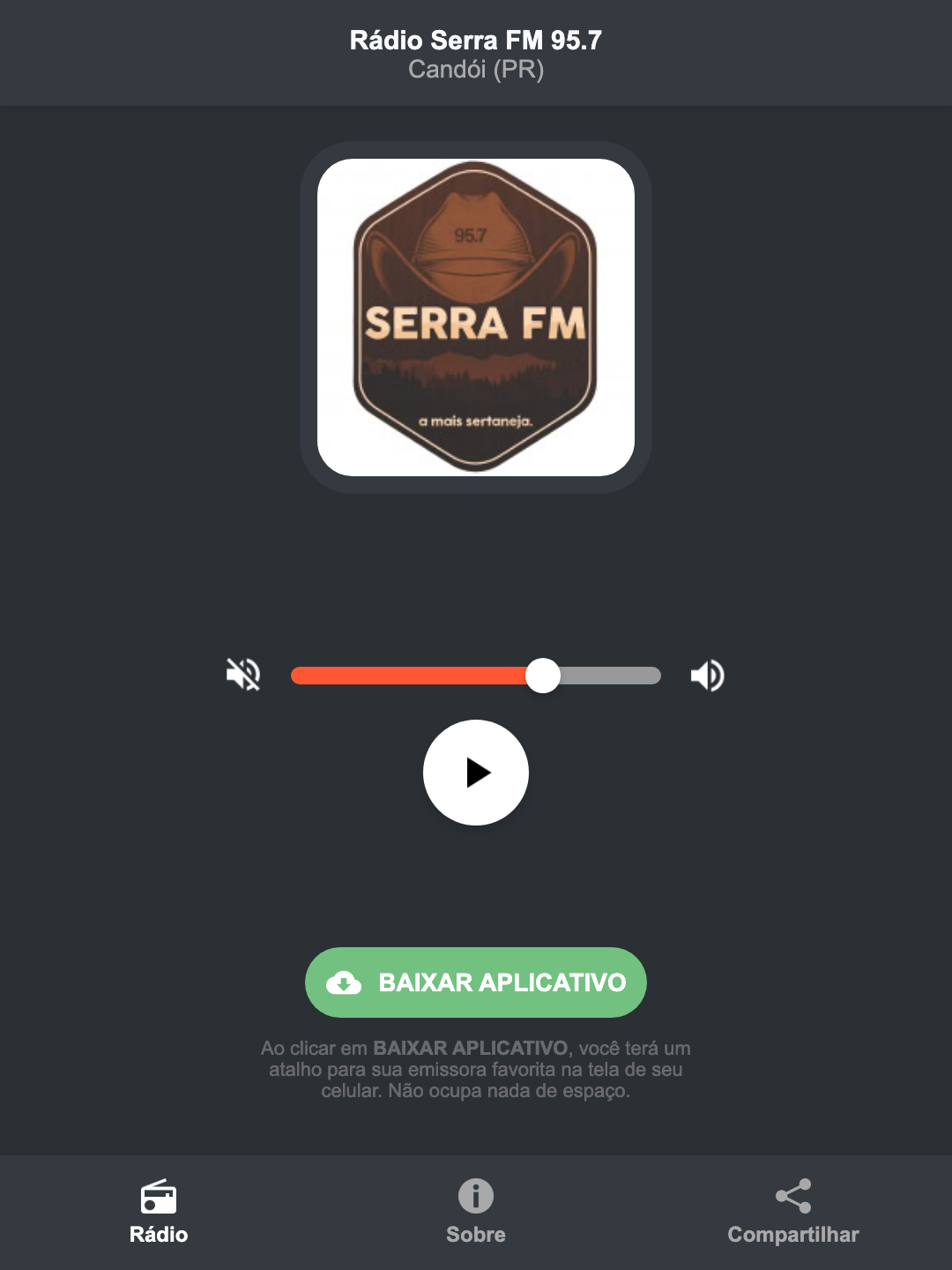 Screenshot do aplicativo da Rádio Serra FM 95.7