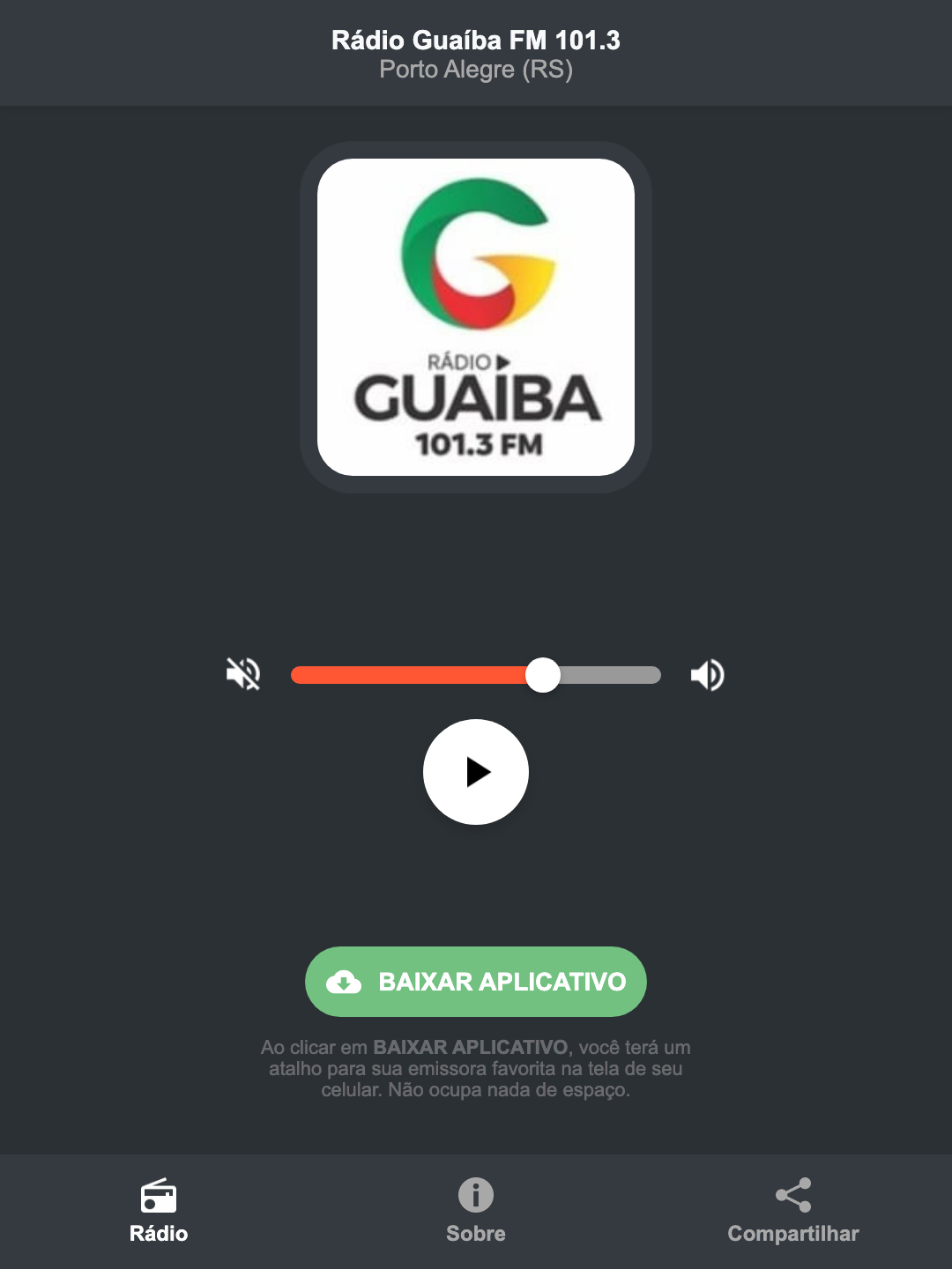 Screenshot do aplicativo da Rádio Guaíba FM 101.3