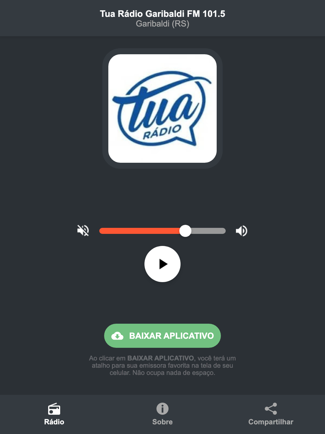 Screenshot do aplicativo da Tua Rádio Garibaldi FM 101.5