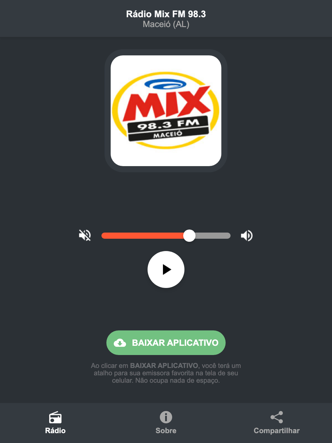 Screenshot do aplicativo da Rádio Mix FM 98.3