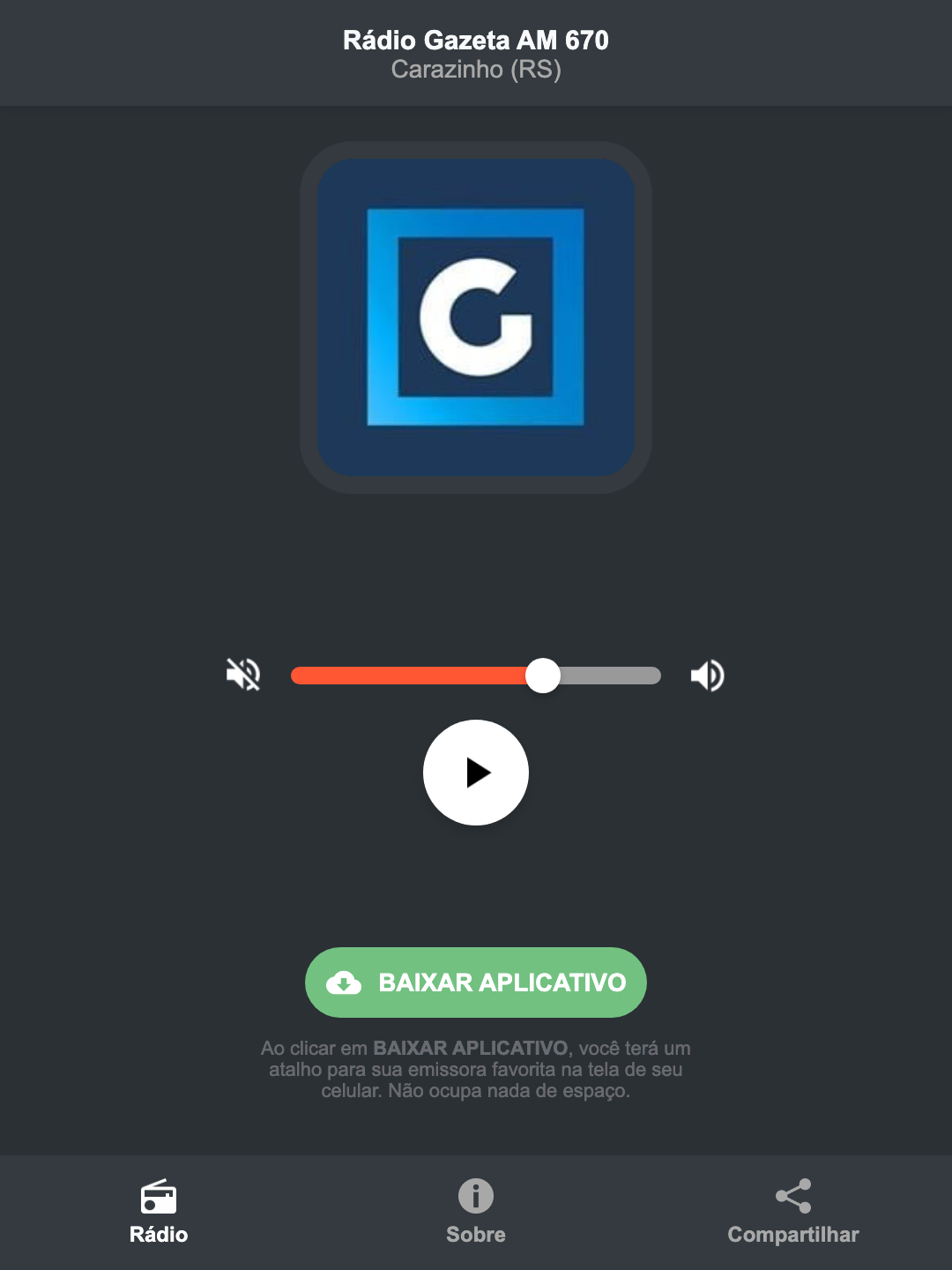 Screenshot do aplicativo da Rádio Gazeta AM 670
