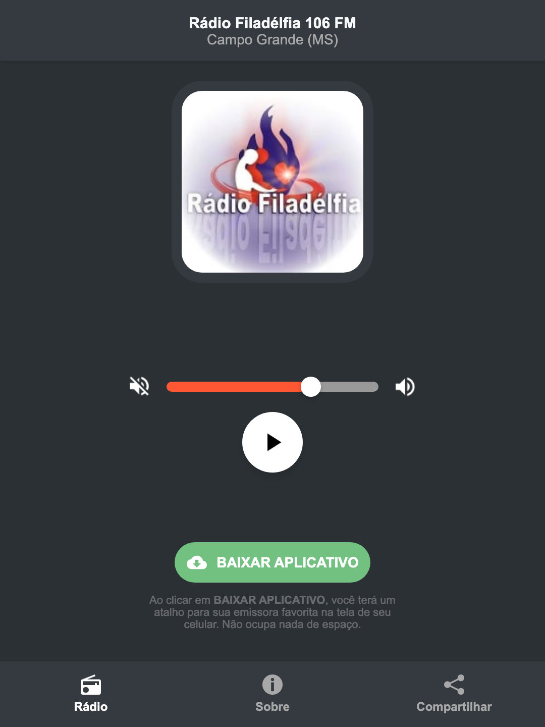 Screenshot do aplicativo da Rádio Filadélfia 106 FM