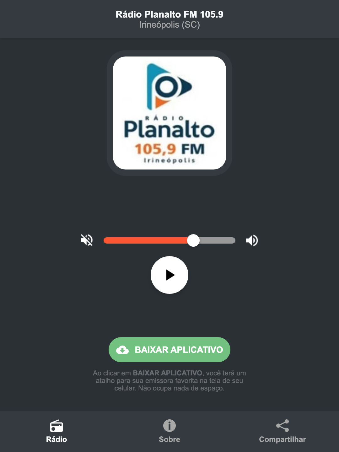 Screenshot do aplicativo da Rádio Planalto FM 105.9
