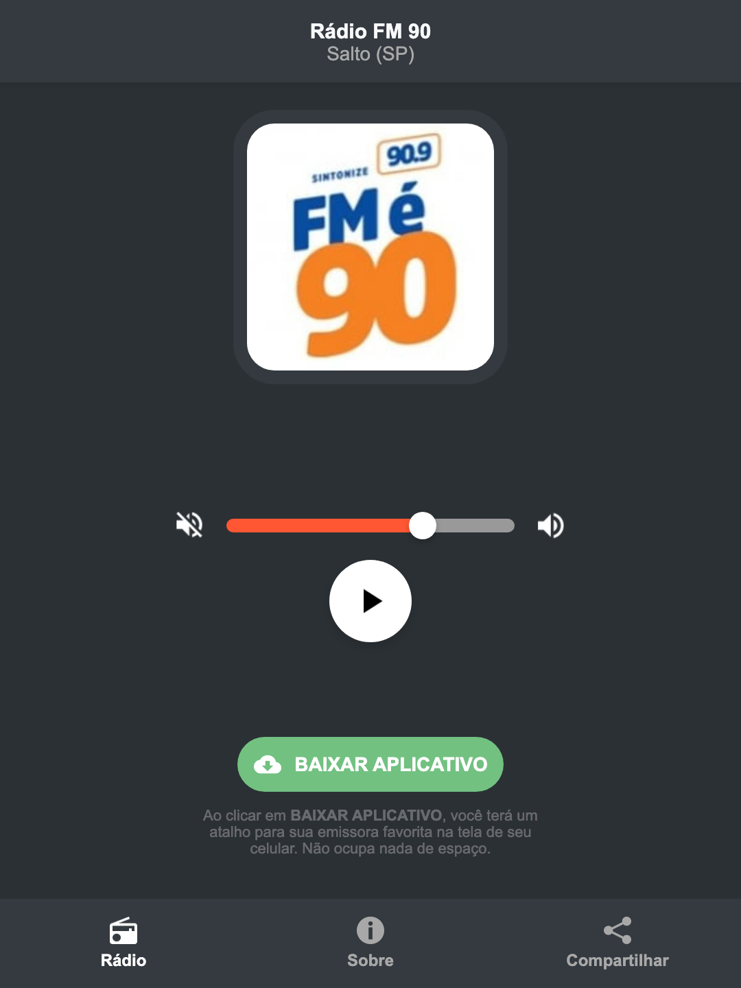 Screenshot do aplicativo da Rádio FM 90