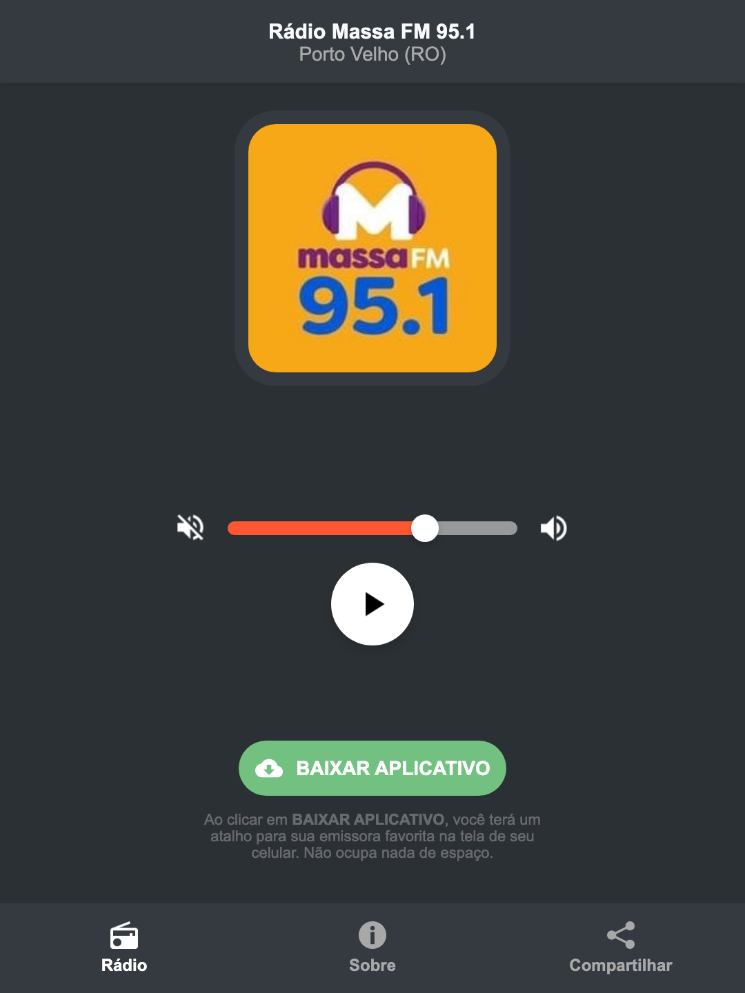 Screenshot do aplicativo da Rádio Massa FM 95.1