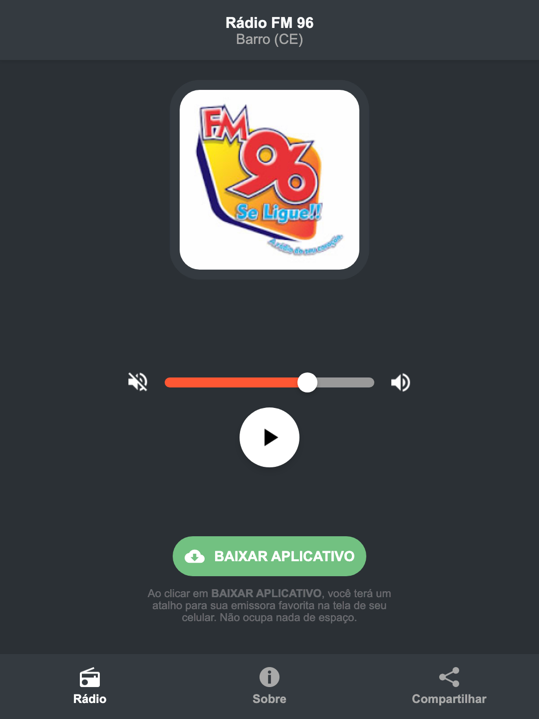 Screenshot do aplicativo da Rádio FM 96