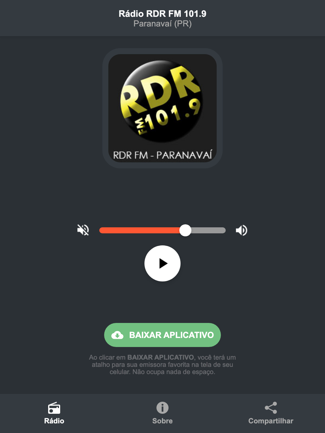 Screenshot do aplicativo da Rádio RDR FM 101.9