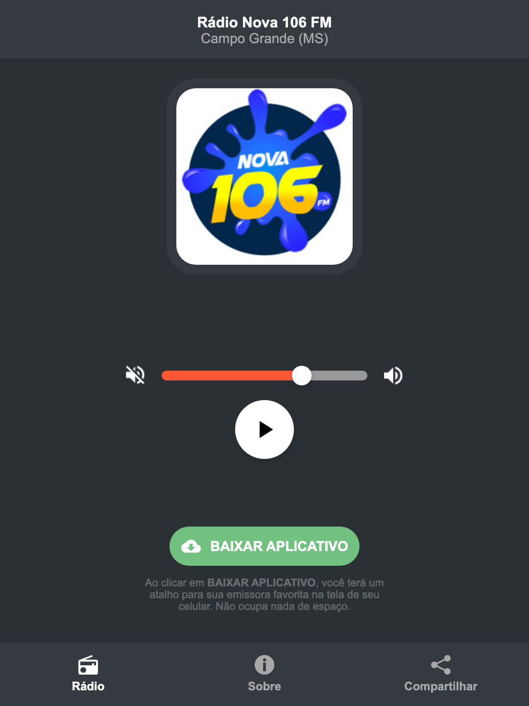 Screenshot do aplicativo da Rádio Nova 106 FM