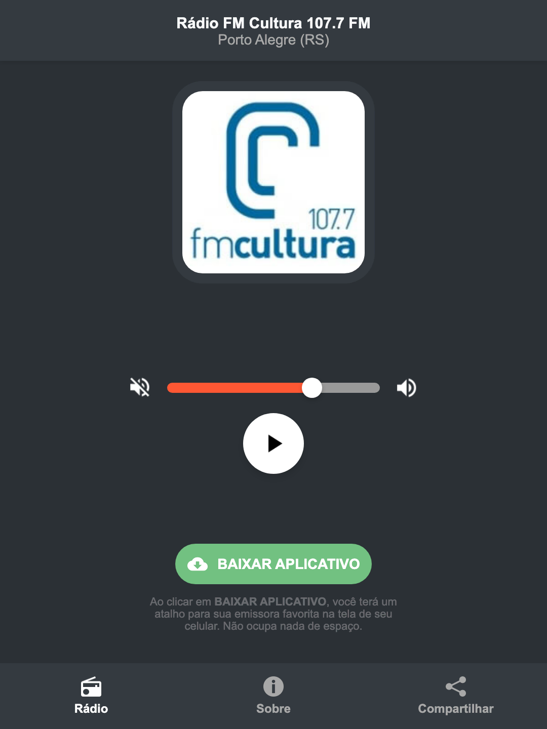 Screenshot do aplicativo da Rádio FM Cultura 107.7 FM