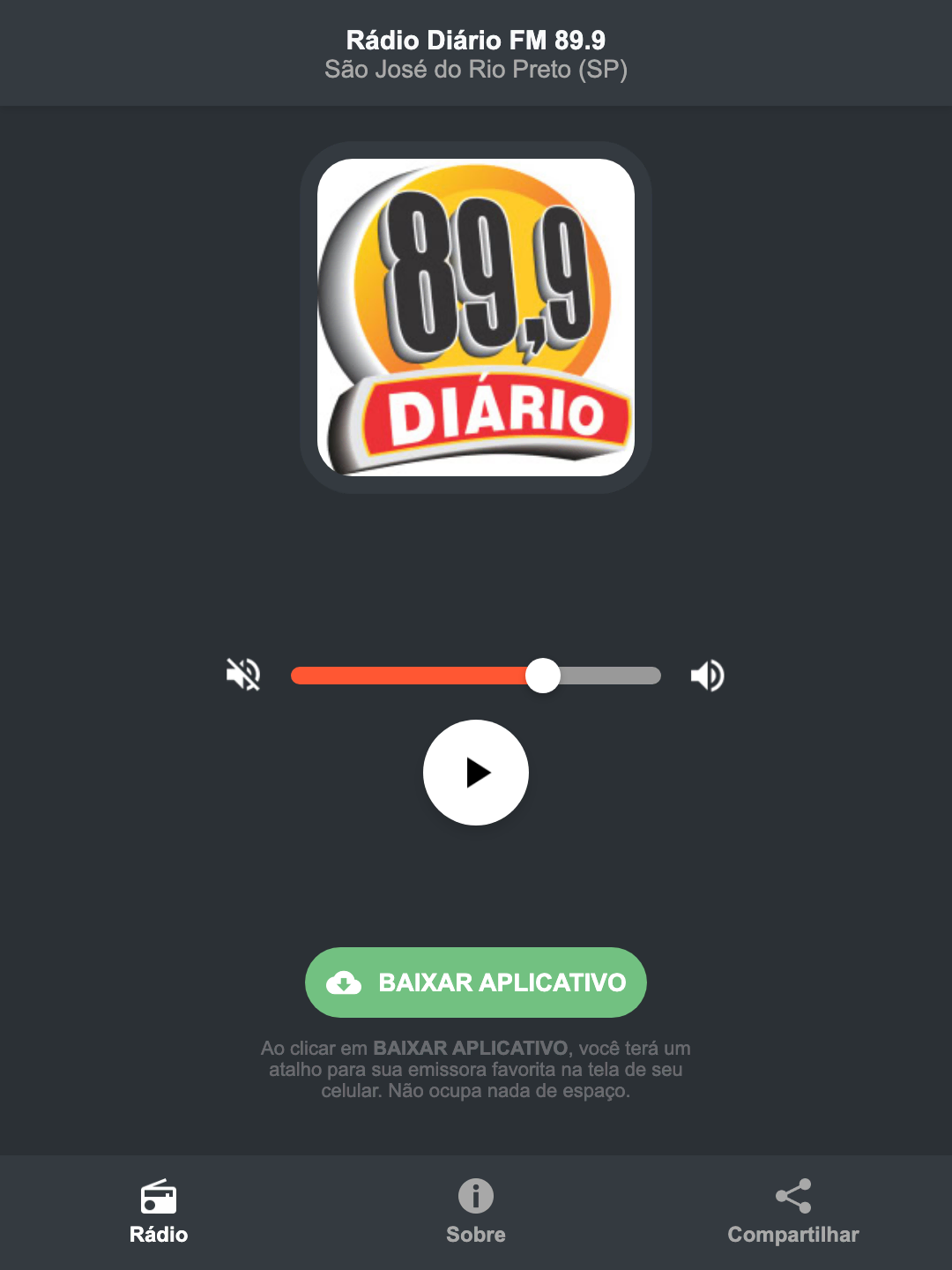 Screenshot do aplicativo da Rádio Diário FM 89.9