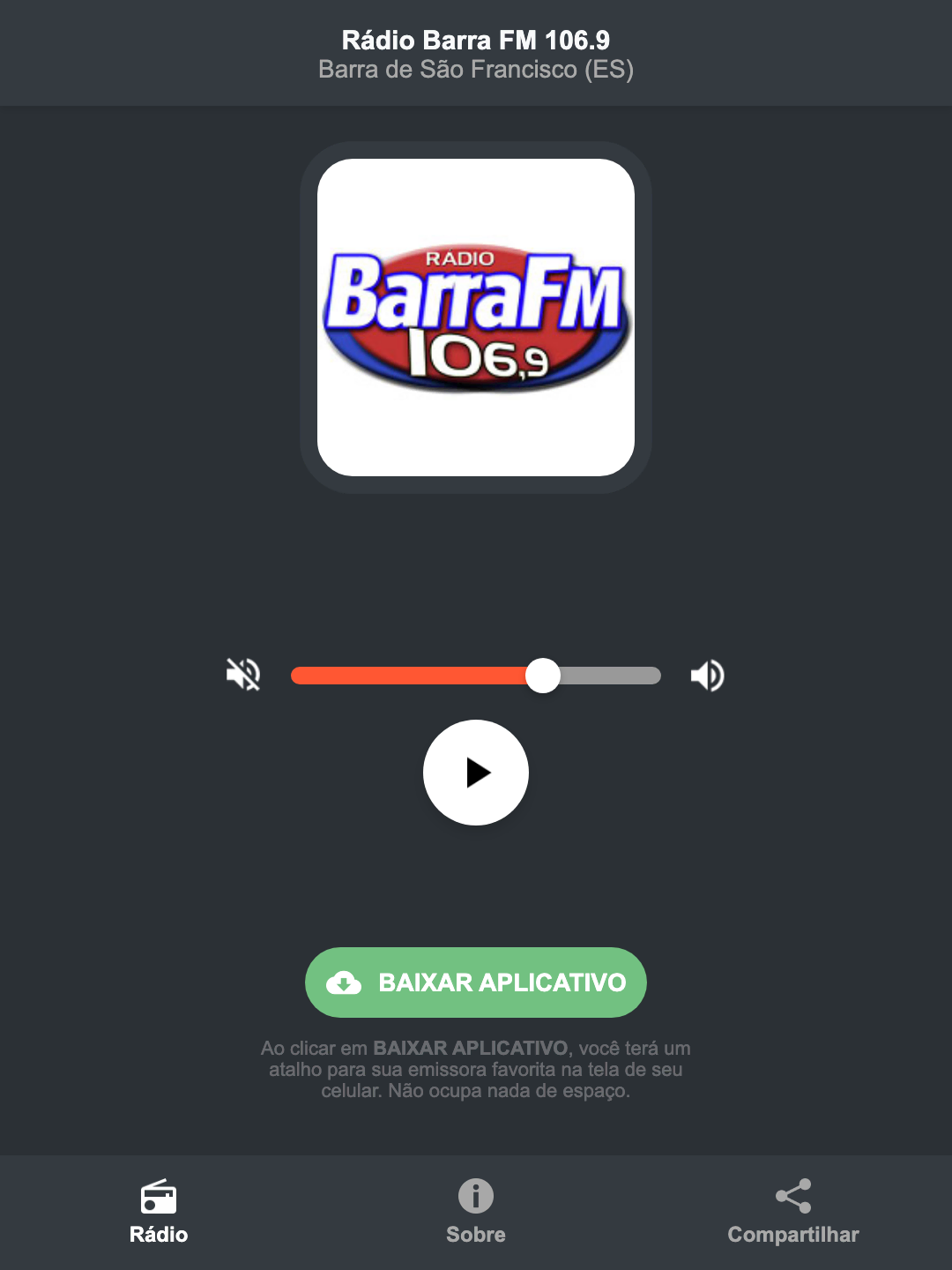 Screenshot do aplicativo da Rádio Barra FM 106.9