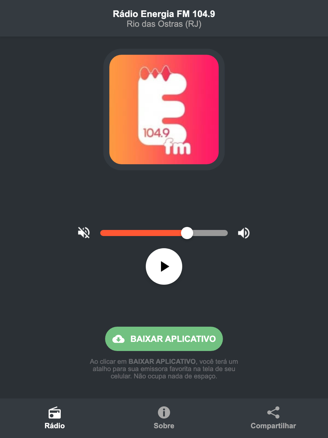 Screenshot do aplicativo da Rádio Energia FM 104.9