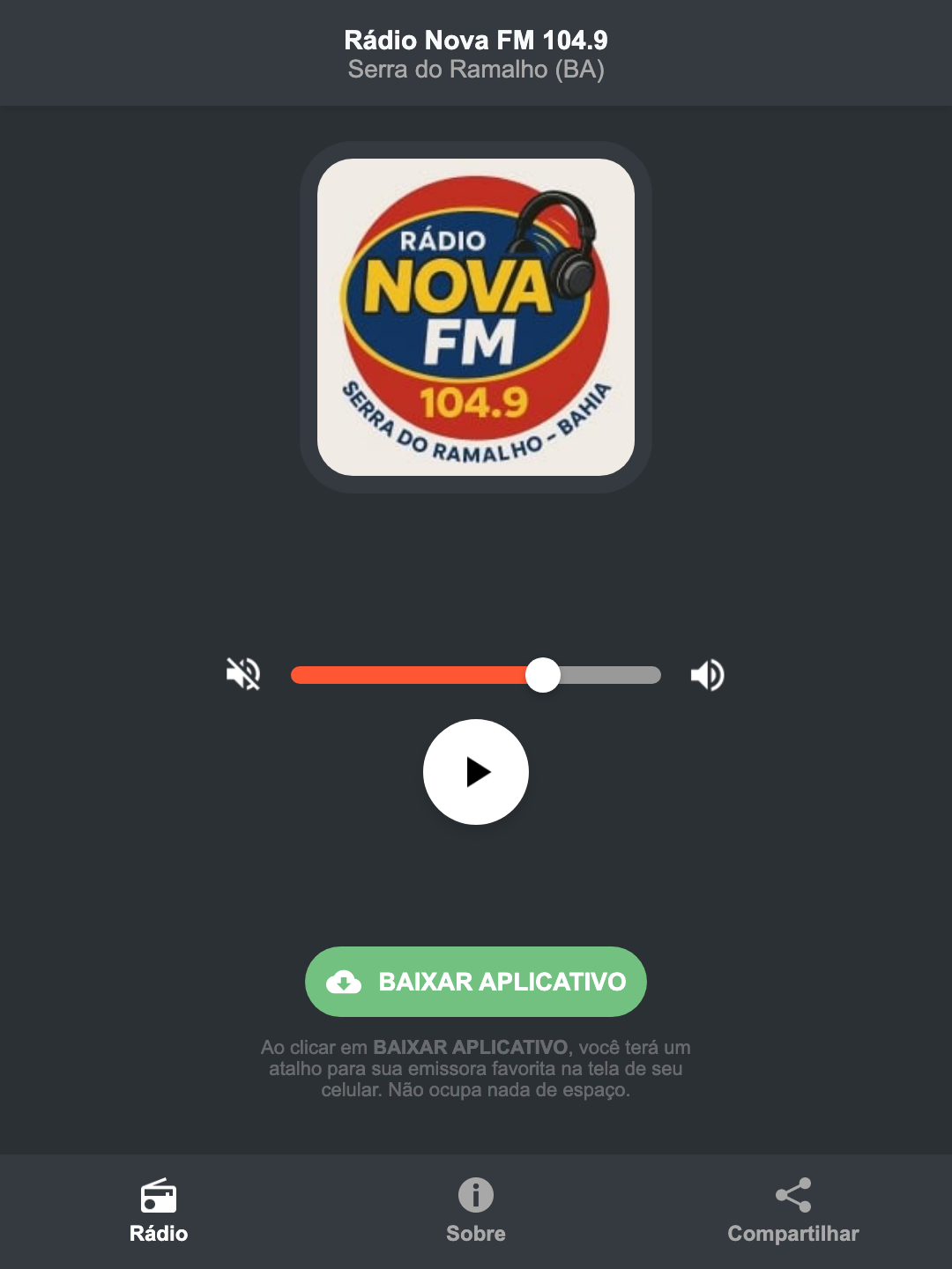 Screenshot do aplicativo da Rádio Nova FM 104.9