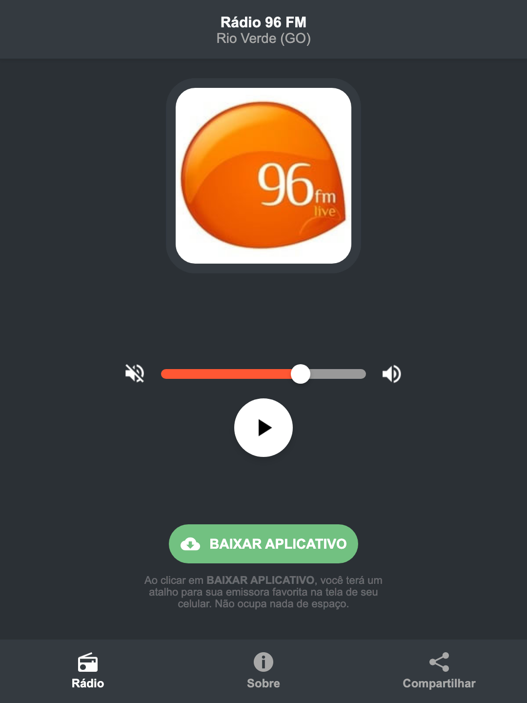 Screenshot do aplicativo da Rádio 96 FM