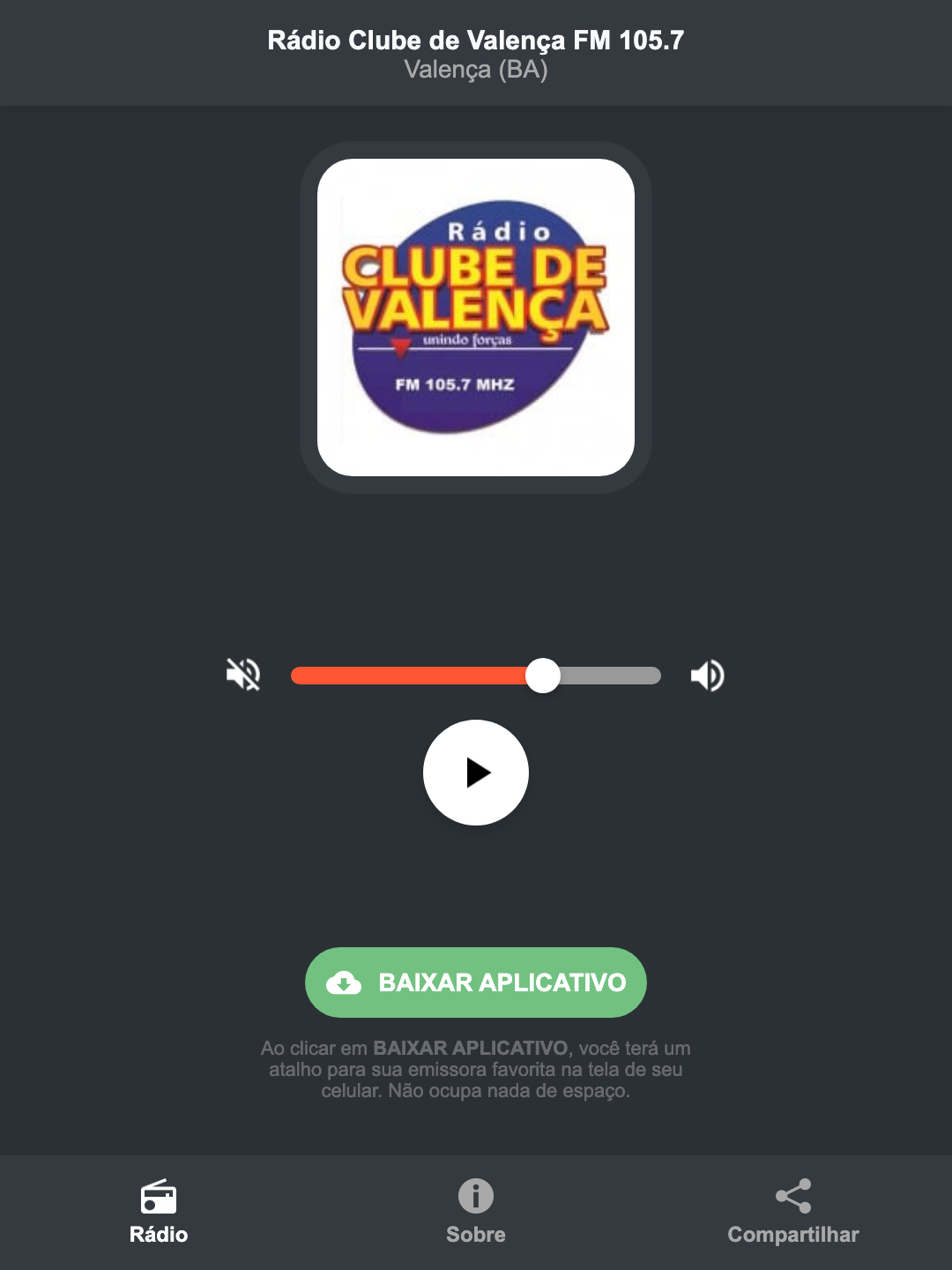 Screenshot do aplicativo da Rádio Clube de Valença FM 105.7