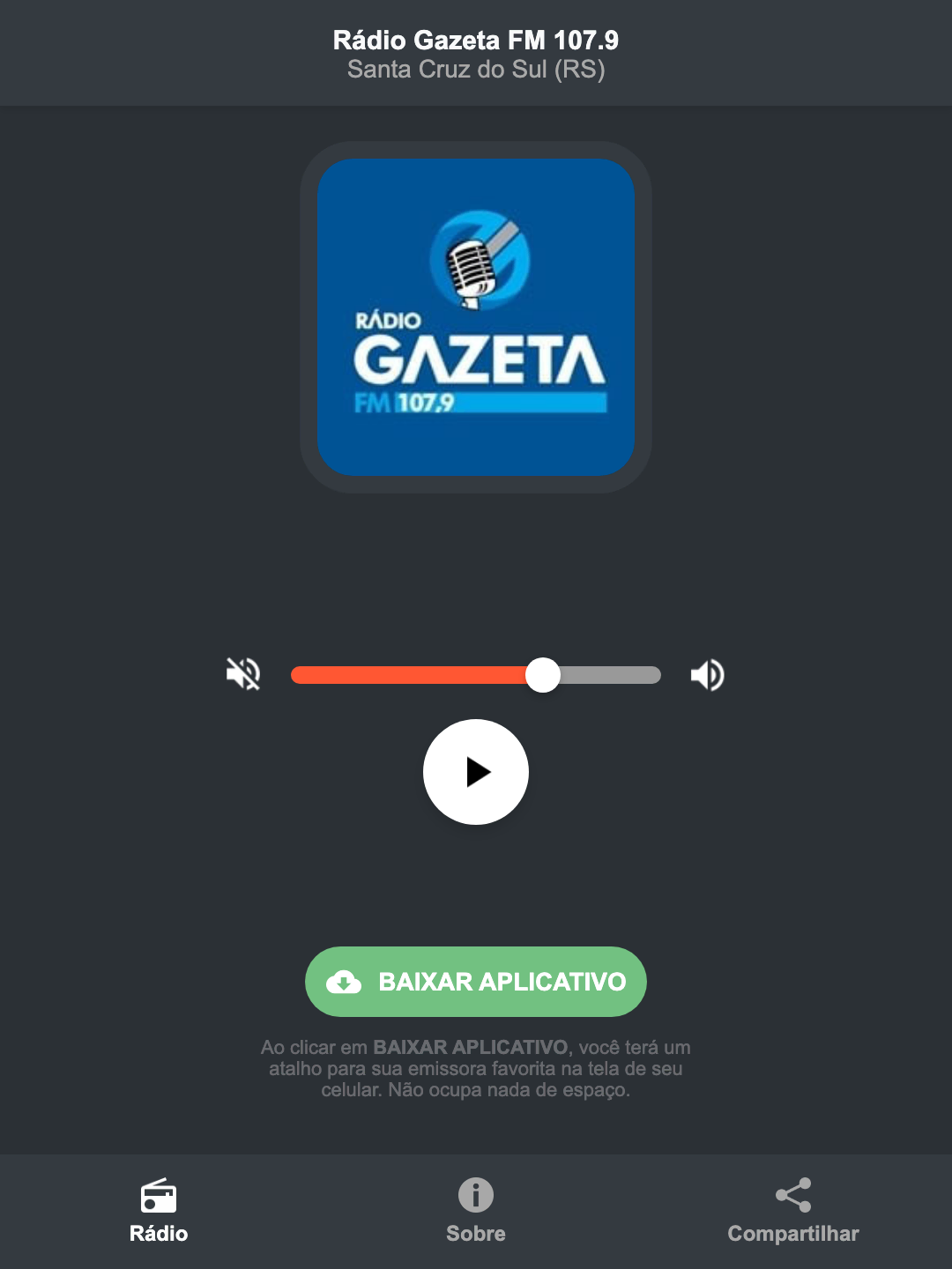 Screenshot do aplicativo da Rádio Gazeta FM 107.9