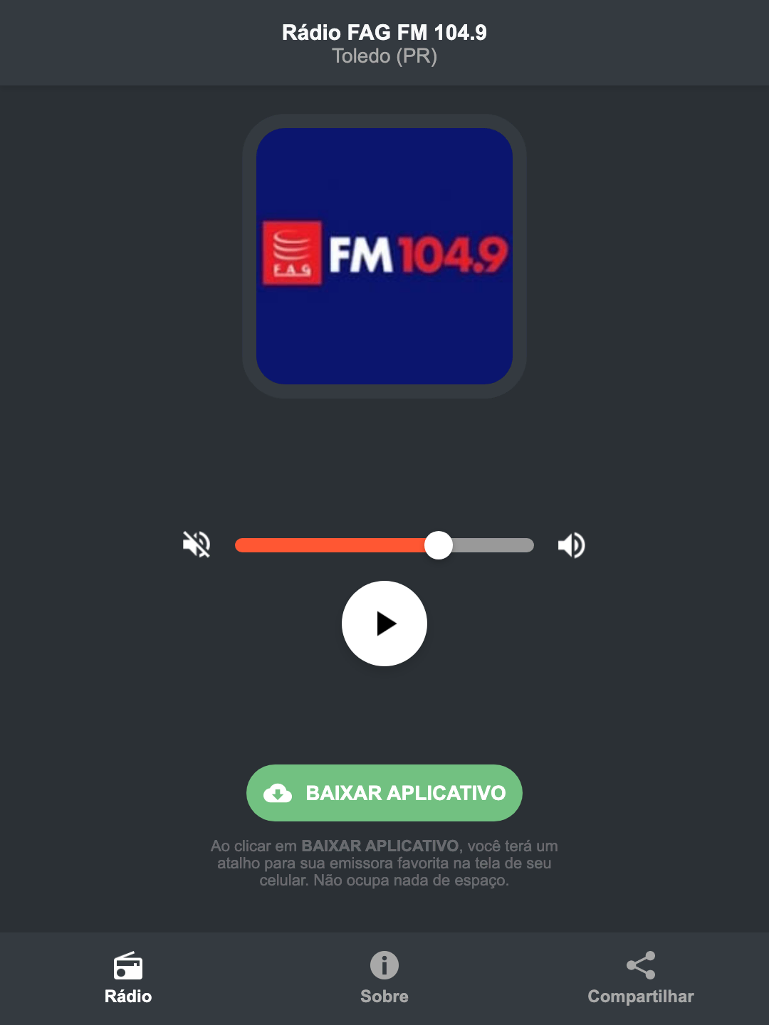 Screenshot do aplicativo da Rádio FAG FM 104.9